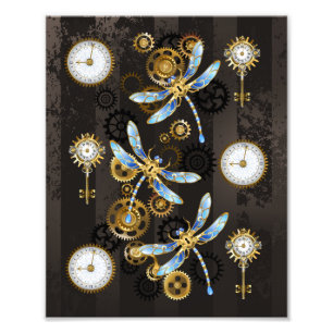 Steampunk-Libellen auf braun gestreiftem Hintergru Fotodruck