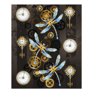 Steampunk-Libellen auf braun gestreiftem Hintergru Fotodruck
