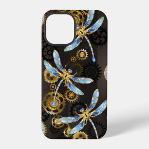 Steampunk-Libellen auf braun gestreiftem Hintergru iPhone 12 Pro Hülle