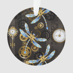 Steampunk-Libellen auf braun gestreiftem Hintergru Ornament