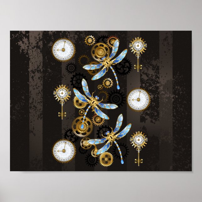 Steampunk-Libellen auf braun gestreiftem Hintergru Poster (Vorne)