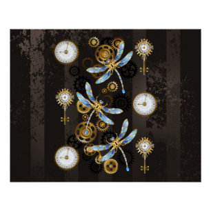 Steampunk-Libellen auf braun gestreiftem Hintergru Poster