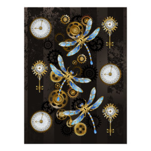 Steampunk-Libellen auf braun gestreiftem Hintergru Poster