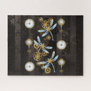 Steampunk-Libellen auf braun gestreiftem Hintergru Puzzle