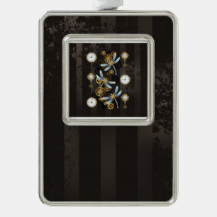 Steampunk-Libellen auf braun gestreiftem Hintergru Rahmen-Ornament Silber
