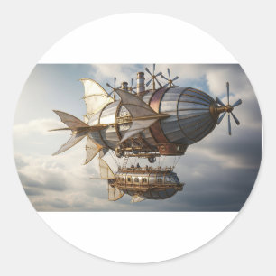 Steampunk-Luftschiff in den Wolken Runder Aufkleber