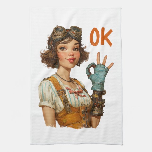 Steampunk-Mädchen mit selbstsicherer OK-Geste Geschirrtuch (Vertikal)