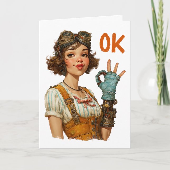 Steampunk-Mädchen mit selbstsicherer OK-Geste Karte (Vorderseite)