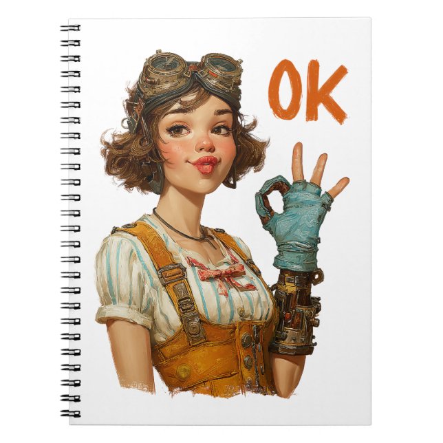 Steampunk-Mädchen mit selbstsicherer OK-Geste Notizblock (Vorderseite)