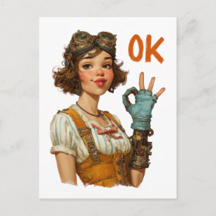 Steampunk-Mädchen mit selbstsicherer OK-Geste Postkarte