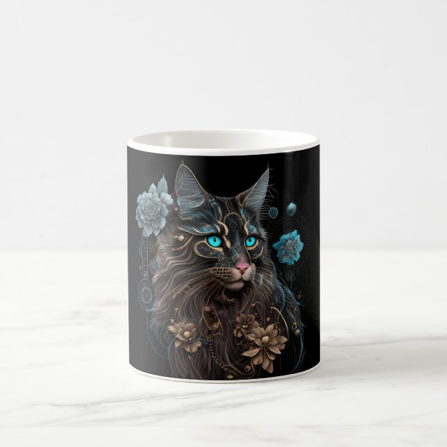 Steampunk magic Maine Coon cat and Blume KI art Kaffeetasse (Mittel)