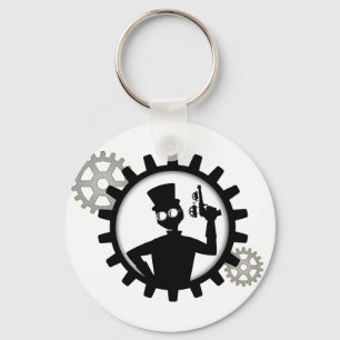 Steampunk Man Holding Gun in Gear Button Keychain Schlüsselanhänger