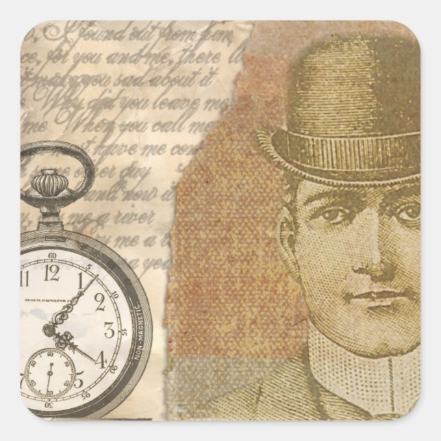 Steampunk Man Pocket Watch Bowler Hat Quadratischer Aufkleber (Vorderseite)