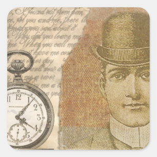 Steampunk Man Pocket Watch Bowler Hat Quadratischer Aufkleber