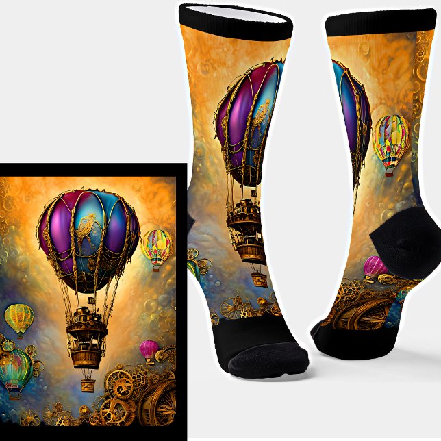 Steampunk Mauve & Blue Hot Air Ballon Orange Sky Socken (Von Creator hochgeladen)