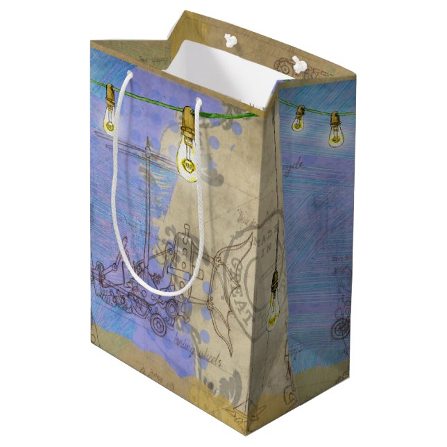 Steampunk Mechanical Edison Light Bulb Architect Mittlere Geschenktüte (Rückseite Schrägansicht)