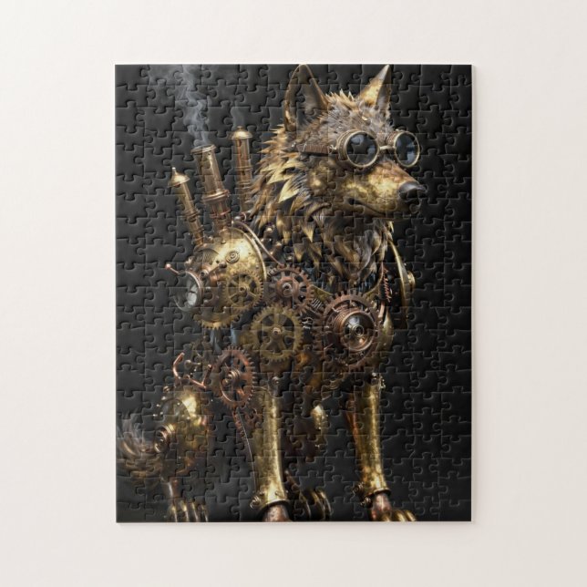 Steampunk Mechanical Sitting Wolf Art Puzzle (Vertikal)