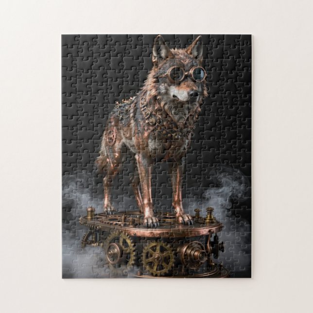 Steampunk-mechanischer Wolf auf Zahnrädern Puzzle (Vertikal)