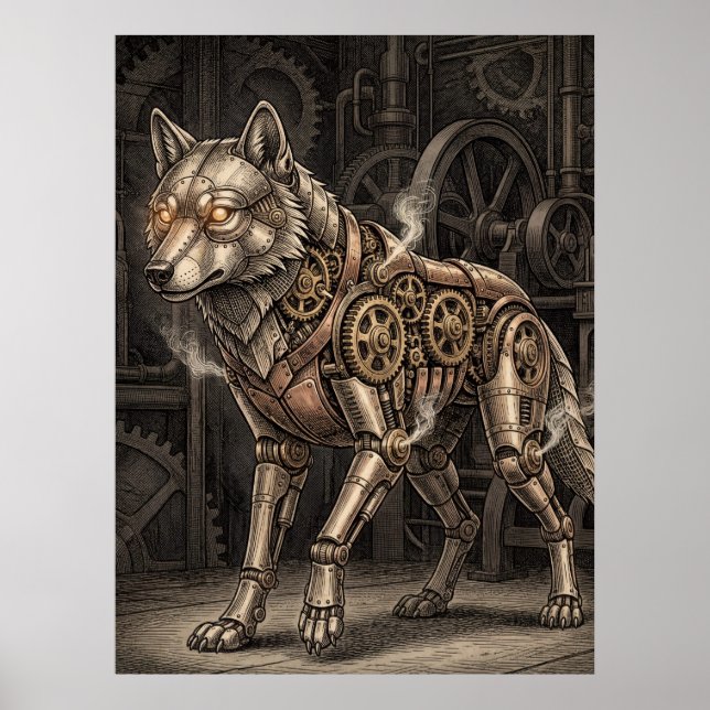 Steampunk Mechanischer Wolf Messingzahnräder Vikto Poster (Vorne)