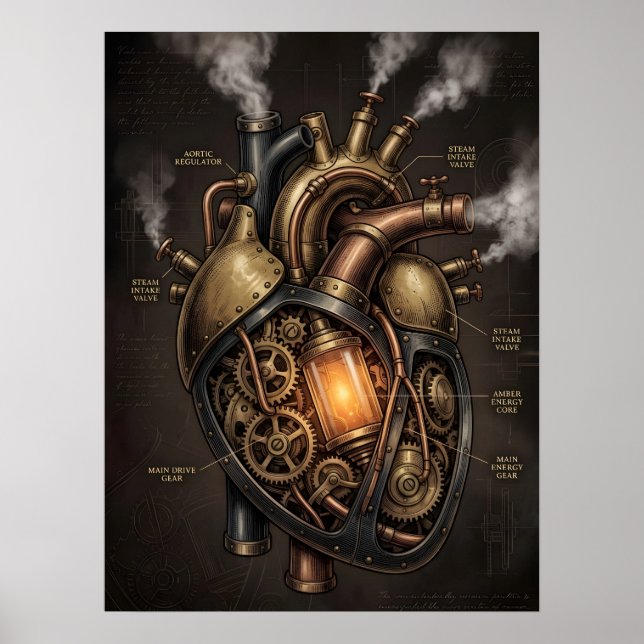 Steampunk-Mechanisches-Herz Anatomischer Bauplan  Poster (Vorne)