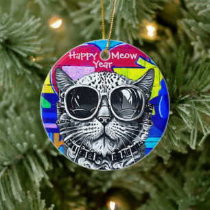 Steampunk Meow Year Deluxe: Coole Katze mit Schatt Keramik Ornament
