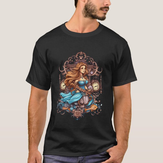 Steampunk Mermaid in a Blue Dress on a Man's Black T-Shirt (Vorderseite)