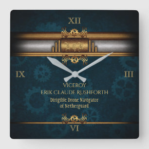 Steampunk, Messing an dunklen aquamarinen Gängen,  Quadratische Wanduhr