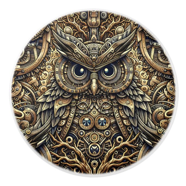 Steampunk Metal and Diamond Gold Owl Keramikknauf (Vorderseite)