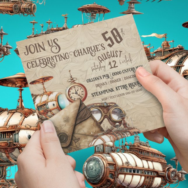 Steampunk mit Blimps Maps Goggles Celebration Einladung (Chic industrial steampunk collage with airships and goggles on customizable party invitations. )