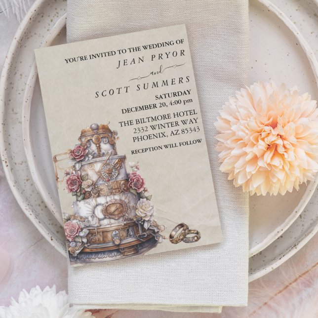 Steampunk Modern Simple Cake Rings Wedding Einladung (Von Creator hochgeladen)