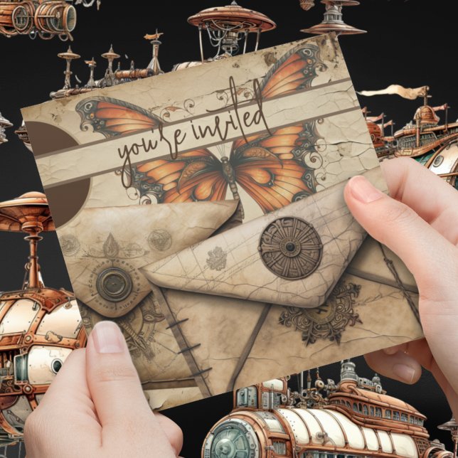 Steampunk | Monarch Butterfly | Leather Birthday Einladung (Steampunk victorian monarch butterfly and secret leather envelope on customizable invitations. )
