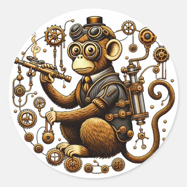 Steampunk Monkey mit Ray Gun Runder Aufkleber (Vorderseite)