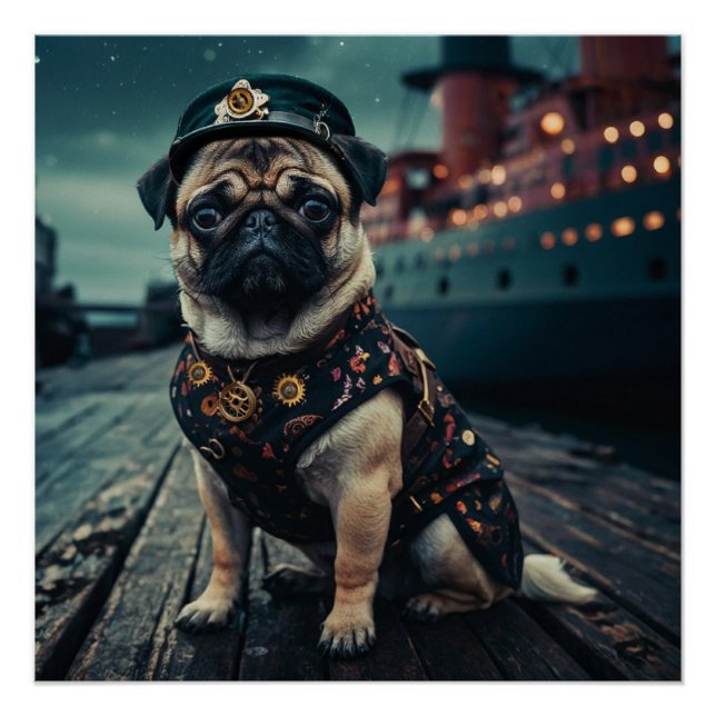 Steampunk Mops Shipmaster Portrait Poster (Vorderseite)