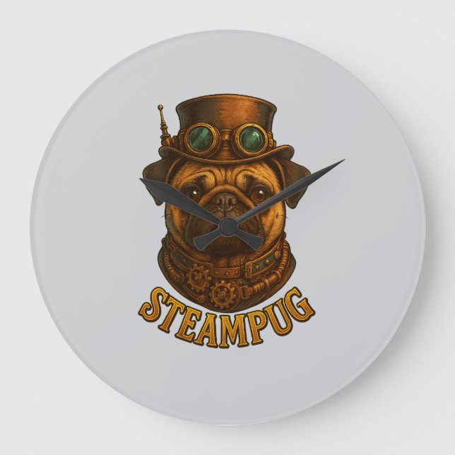 Steampunk-Mops-Uhr - vintage "Steampug" Große Wanduhr (Vorderseite)