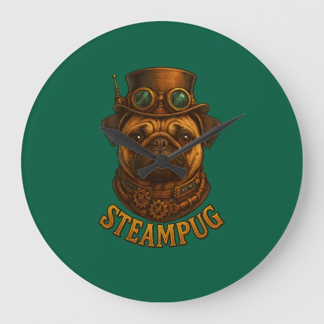 Steampunk-Mops-Uhr - vintage "Steampug" Große Wanduhr (Vorderseite)