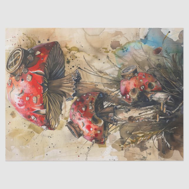 Steampunk Mushrooms Wasserfarben Art Decoupage Seidenpapier (Vorderseite)