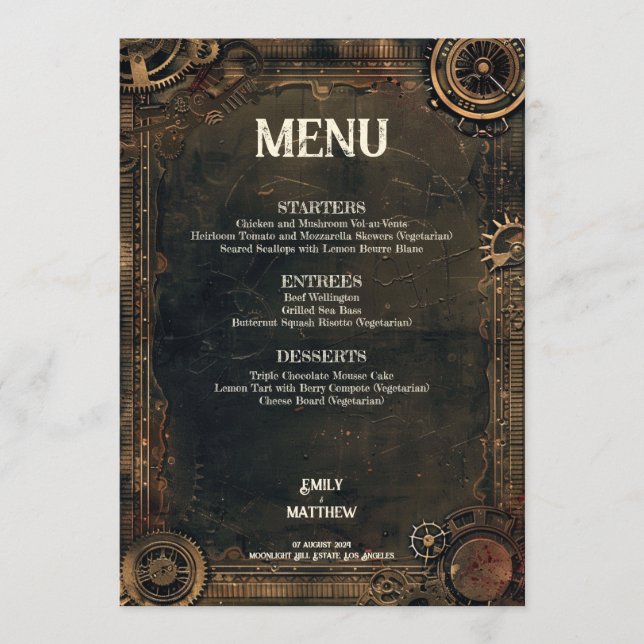 Steampunk Noir Affair Wedding Menu Menükarte (Vorderseite)