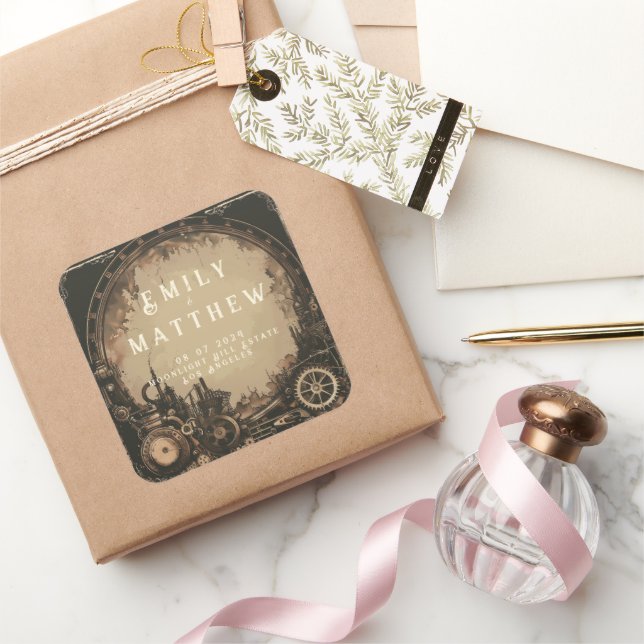 Steampunk Noir Affair Wedding Quadratischer Aufkleber (Schenken)