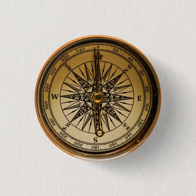 Steampunk nostalgischer alter Messingkompass Button (Vorderseite)