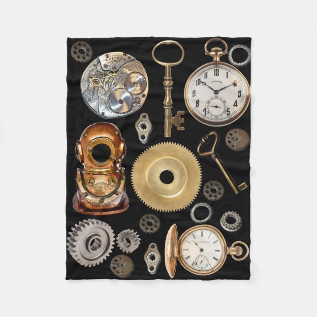 Steampunk-Objekte Gears Pocket Uhr Skeletttasten Fleecedecke (Vorderseite)