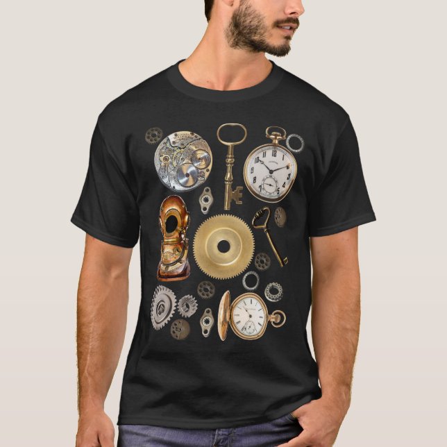 Steampunk-Objekte Gears Pocket Uhr Skeletttasten T-Shirt (Vorderseite)