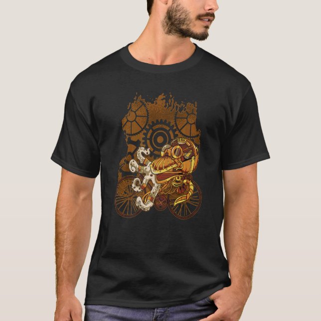 Steampunk Octopus Riding Bicycle Ocean Kraken Bike T-Shirt (Vorderseite)