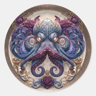 Steampunk-Oktopus-Emblem mit violetten Rosen Runder Aufkleber