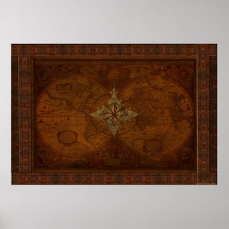 Steampunk Old World Map & Compass Rose Design Poster