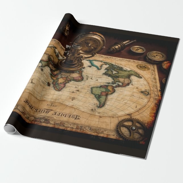 Steampunk Olde Worlde Map Geschenkpapier (Ungerollt)