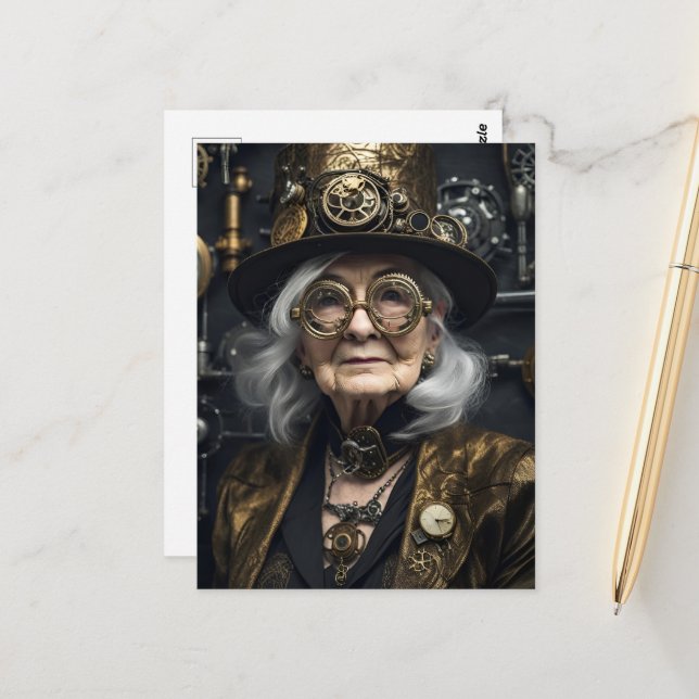 Steampunk Older Woman Postkarte (Vorderseite/Rückseite Beispiel)