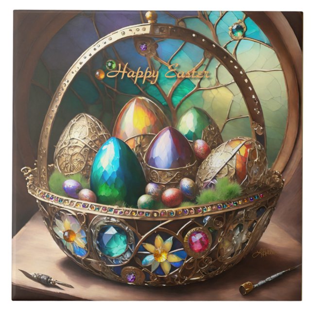 Steampunk-Osterkorb gefüllt mit farbenfrohen Eiern Fliese (Vorderseite)