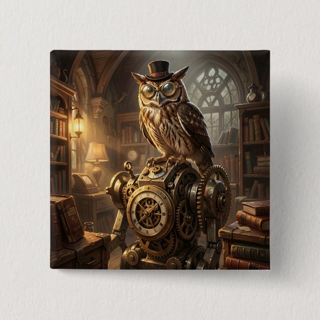 steampunk owl clockwork art button (Vorderseite)