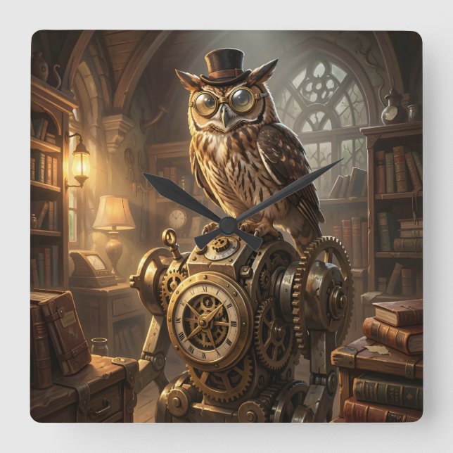 steampunk owl clockwork art clock quadratische wanduhr (Vorderseite)