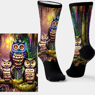 Steampunk Owl Family im Wald auf Schwarz Socken